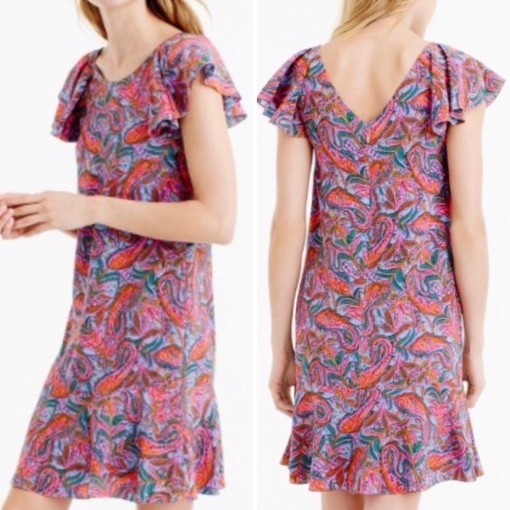 J. Crew Silk Ruffle Vibrant Paisley Shift Dress